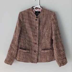 Dennis by Dennis Basso Tweed Blazer Stand Collar Pink White Brown Gold Medium